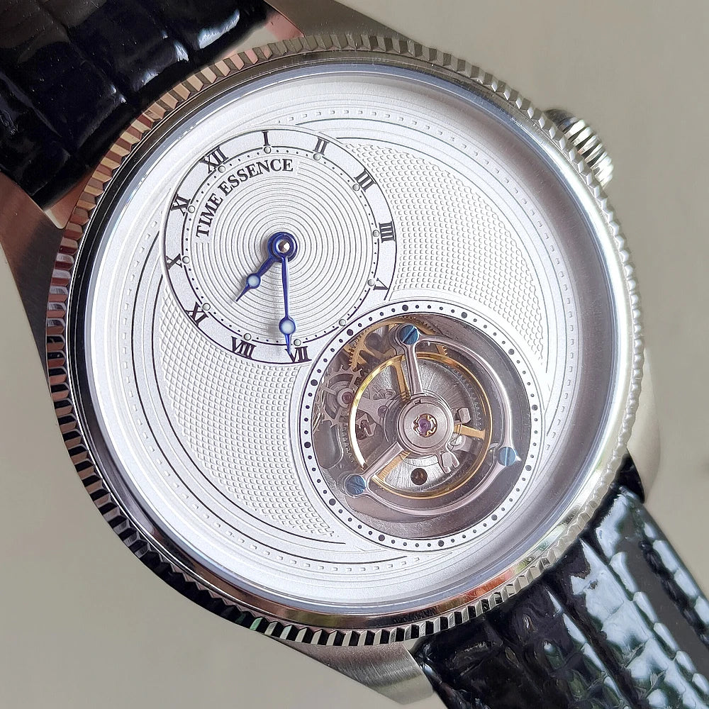 Time Essence Tourbillon Watch Classic Styling Leather Strap Sapphire Glass Hand Winding Luminous 28800