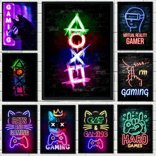 Póster con frases de gato nórdico y mando de gaming, pintura moderna en lienzo para arte mural, decoración de habitación para gamers niños y niñas (no neón)