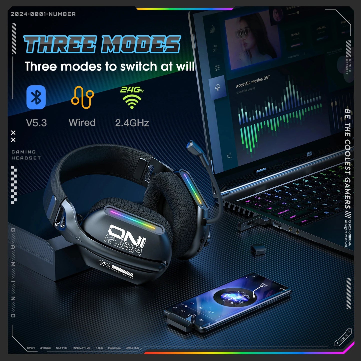 Cuffie da gaming wireless ONIKUMA GT828 Bluetooth 5.3 RGB con microfono, cancellazione del rumore e connessione a 4 modalità per PC, PS5 e laptop