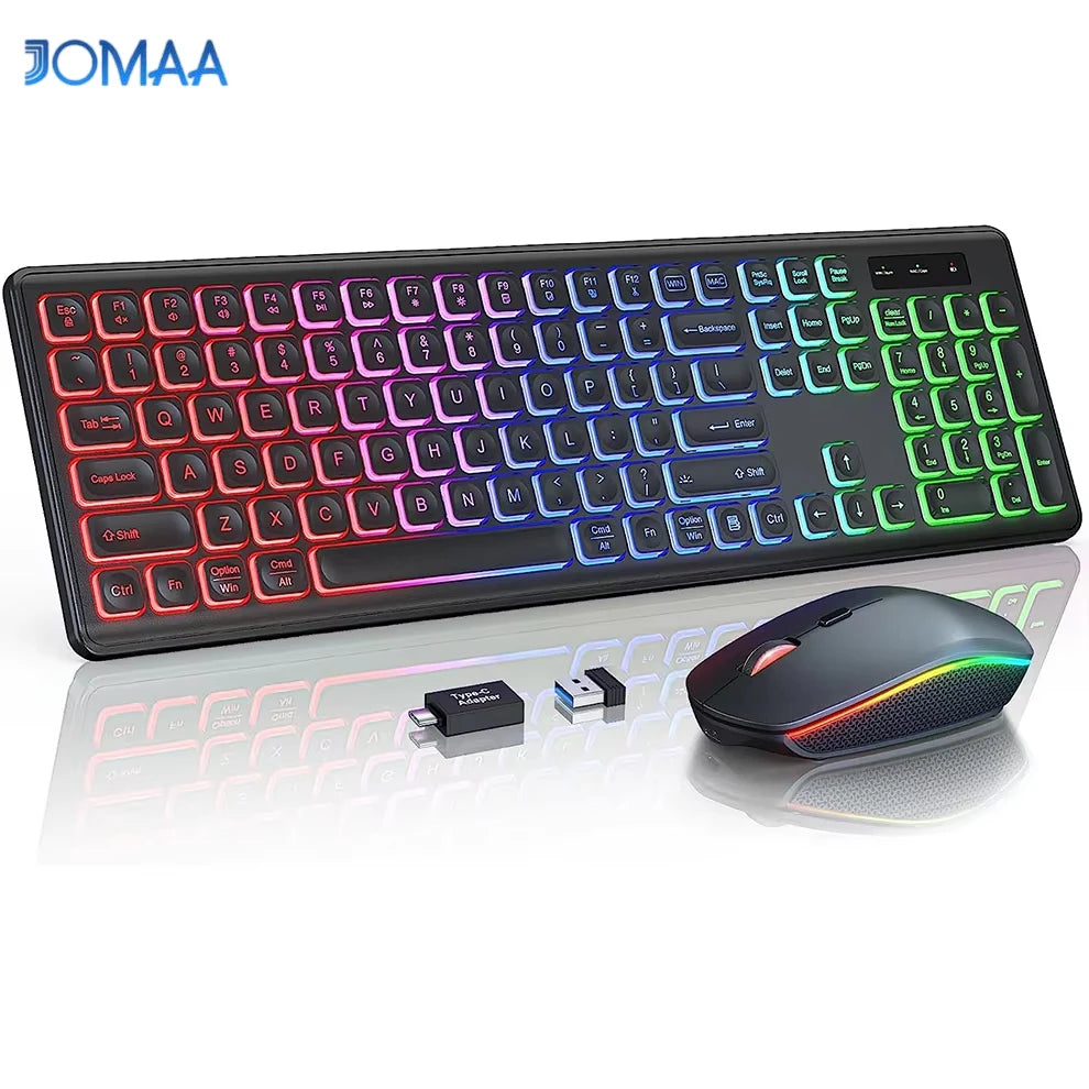 Conjunto de Teclado e Rato Sem Fios com Retroiluminação RGB, Letras Iluminadas Recarregáveis, Tamanho Completo, Ergonómico, Modo de Suspensão, 2.4GHz
