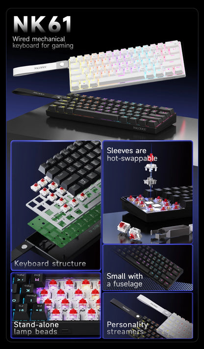 AJAZZ NK61 61-Key Wired Mechanical Keyboard with Hot-Swappable Red Switches, RGB Backlit Compact Gaming Keyboard for PC & Mac