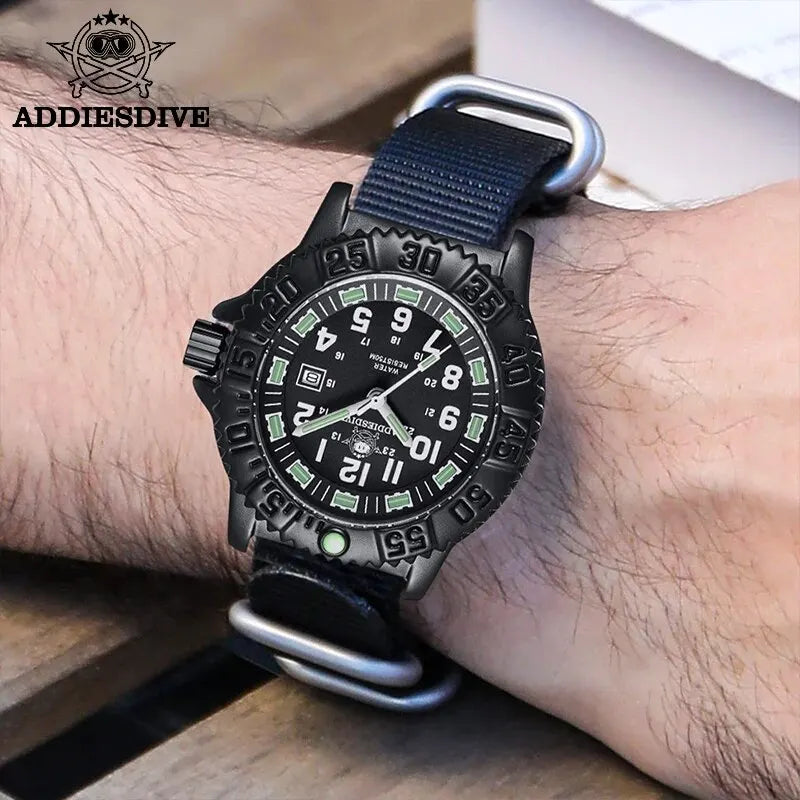 ADDIESDIVE 2023 Men's Sports Watch Military Sports Luxury Rotating Bezel Luminous Watch Nylon Strap 50m Waterproof Quartz Watch