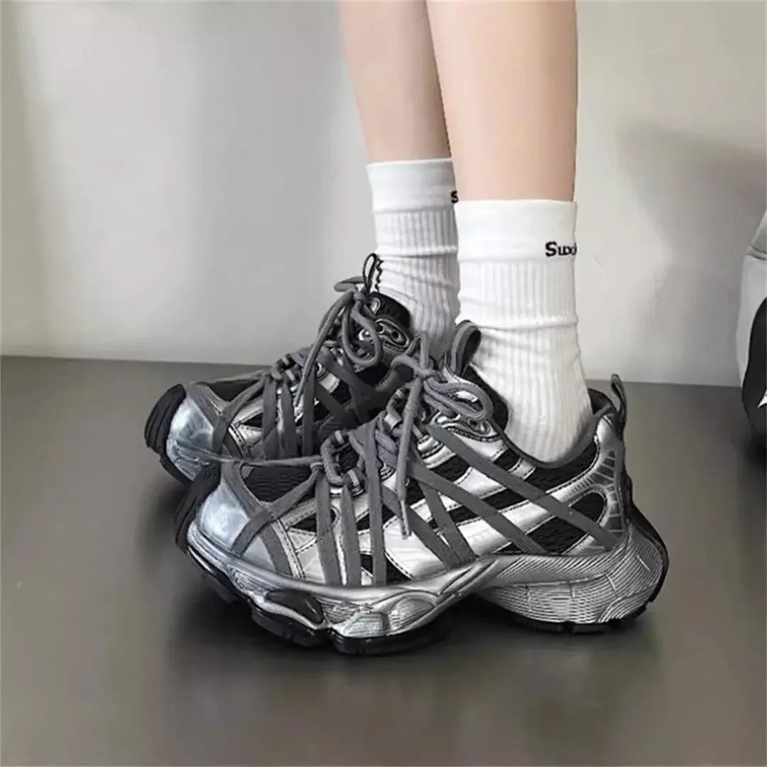 Spring Summer New Style Men and Women Dad Shoes, Thick Bottom Net Surface Sports Shoes, Trendy, Versatile, Breathable Tie Shoes