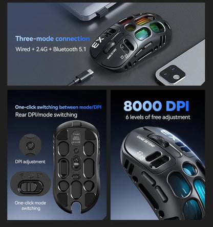 2026 Hollow-out Design Lightweight Computer Game Accessories 3-Mode Bluetooth Wireless Mouse Laptop Rechargeable RGB Backlight