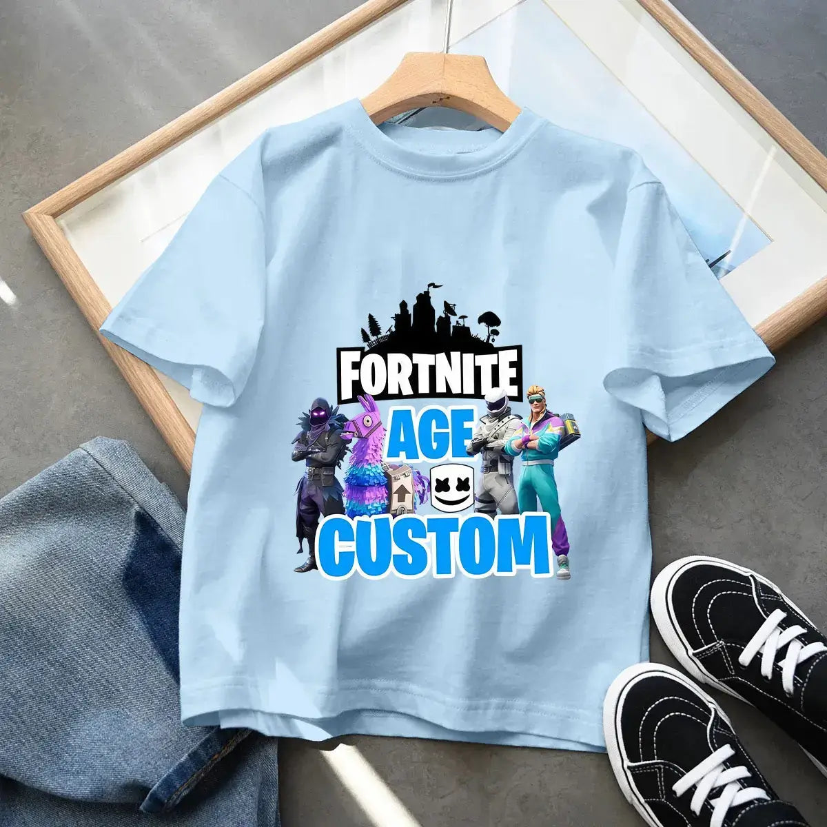 T-shirt azul de algodão Fortnite para criança, camisola de manga curta Fortress Night para bebé, top kawaii com desenho animado para menino e menina, roupa de verão, prenda