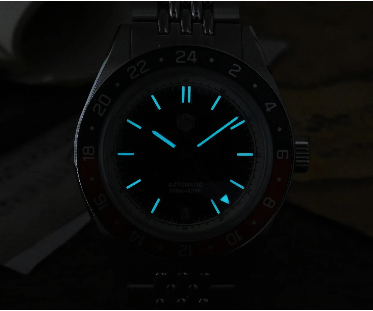 Orologio da uomo automatico San Martin 39.5mm Limited Edition con quadrante Full Lume, NH34 GMT, data a ore 6, 10Bar, Kol Saati di lusso SN0116W