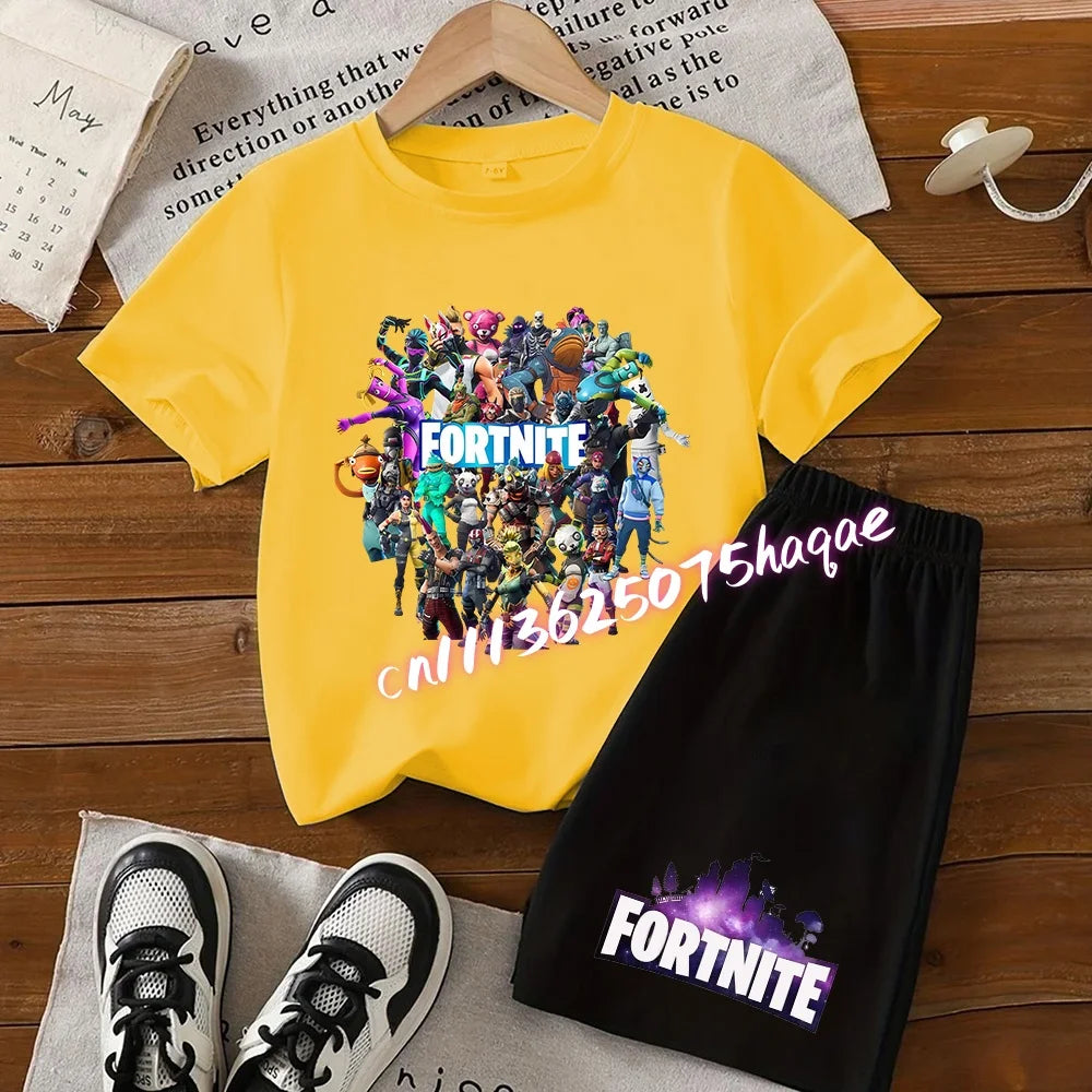 Angesagtes Fortnite-Kinder-Set mit T-Shirt und Shorts, Cartoon-Figur-Print, Sommer-Freizeit-Sportbekleidung für Jungen