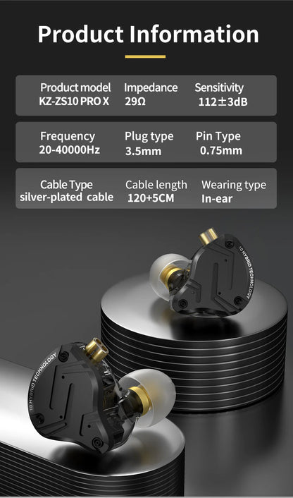 Auricolari in-ear cablati KZ ZS10 Pro X HiFi con bassi monitor, cavo staccabile e microfono