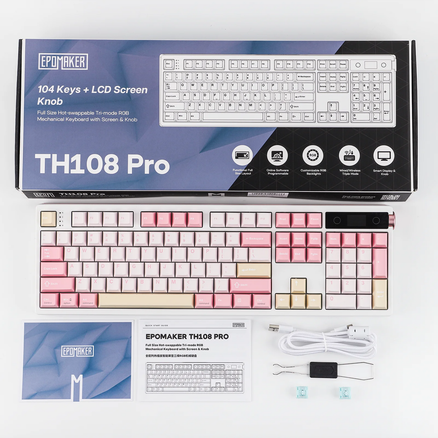 Teclado Mecânico EPOMAKER TH108 PRO 100% Full-Size Hot-Swap com Fio/BT/2.4Ghz sem Fios, Ecrã, Botão Rotativo e Bateria de 10000mAh