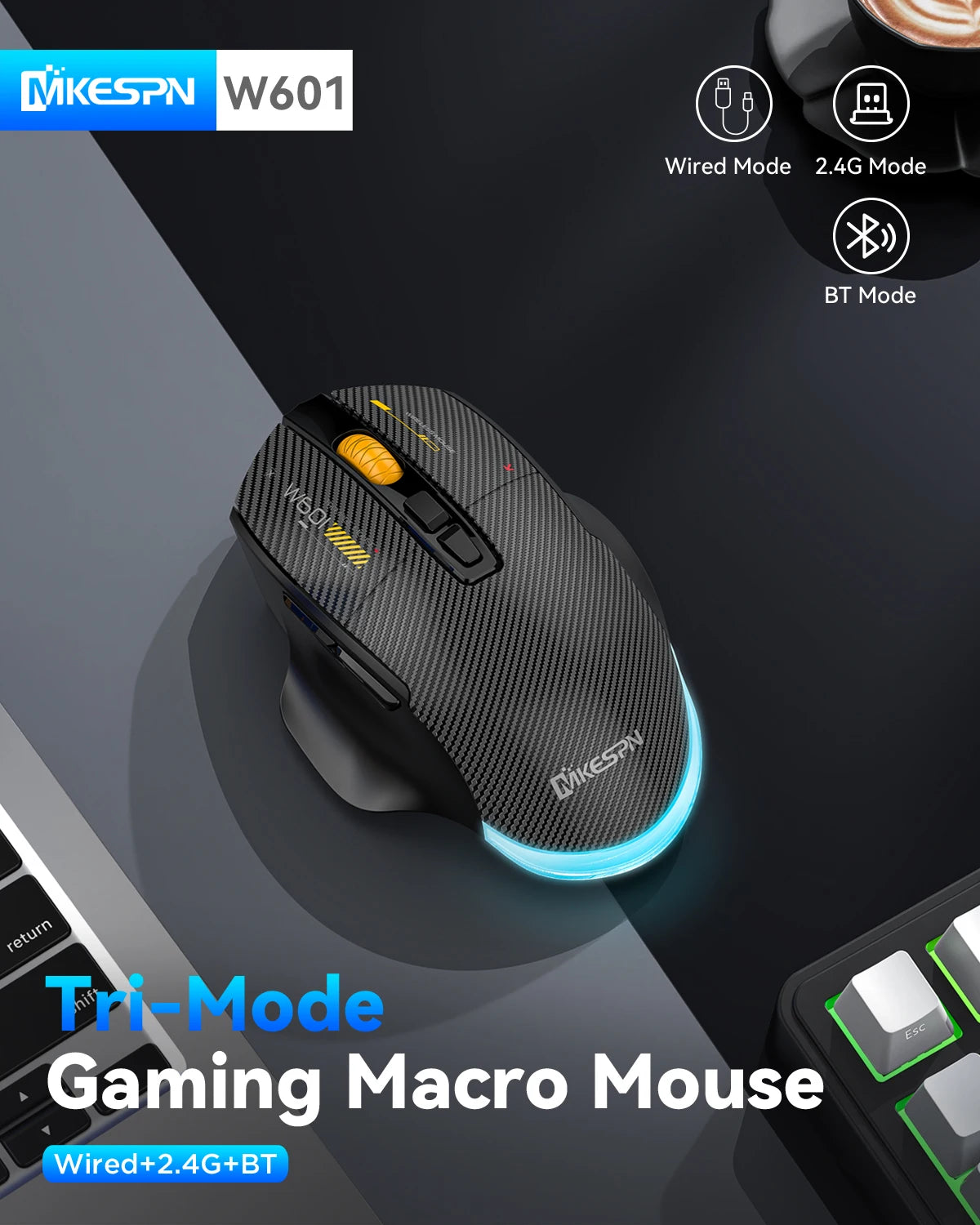 12800 DPI 2.4G Wireless Bluetooth Wired Tri-mode Mouse Mute Button Macro Programming Carbon Fiber Gaming Mouse 500mAh 7 Keys