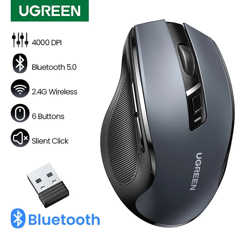 UGREEN kabellose Maus Bluetooth 5.0, ergonomische Maus 4000DPI mit 6 leisen Tasten, für MacBook, Tablet, Laptops, Computer, PC, 2.4G-Maus