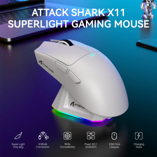 ATTACK SHARK X11 leichte kabellose Gaming-Maus mit RGB-Hintergrundbeleuchtung beim Laden, bis zu 22K DPI, optischem PAW3311-Sensor, HUYU-Switches