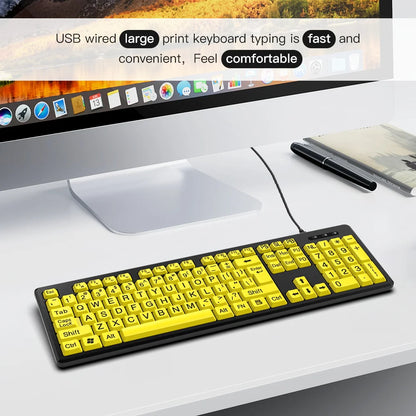 Wired Keyboard Yellow Large Character Keyboard for Elderly, High Compatibility USB Plug-and-Play Large Key Design, High Contrast