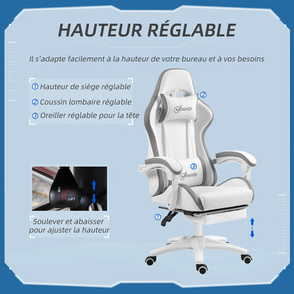 Gaming chair ergonomic gaming chair with 135° reclining backrest and lumbar support, 65x65x121-129 cm white