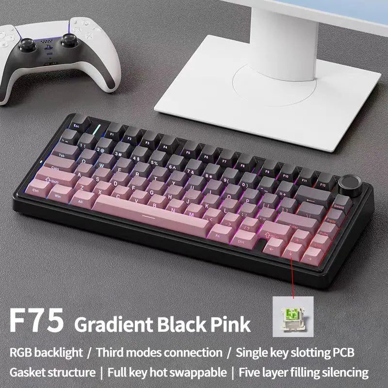 Teclado mecânico gaming AULA F75 RGB personalizado, layout 75%, gravação lateral, montagem gasket, 80 teclas, keycaps PBT em gradiente
