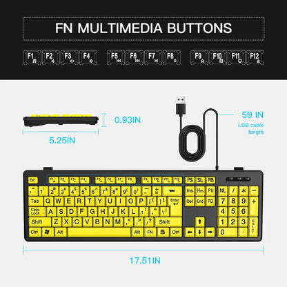 Wired Keyboard Yellow Large Character Keyboard for Elderly, High Compatibility USB Plug-and-Play Large Key Design, High Contrast