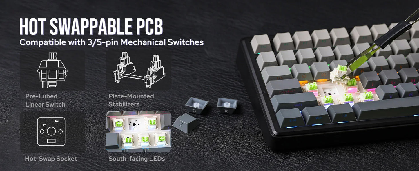 Teclado mecânico sem fios EPOMAKER X AULA F75 MAX Compact 75% ANSI Layout com ligação com fios/Bluetooth/2.4GHz, ecrã TFT e botão rotativo