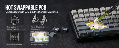 Teclado mecânico sem fios EPOMAKER X AULA F75 MAX Compact 75% ANSI Layout com ligação com fios/Bluetooth/2.4GHz, ecrã TFT e botão rotativo