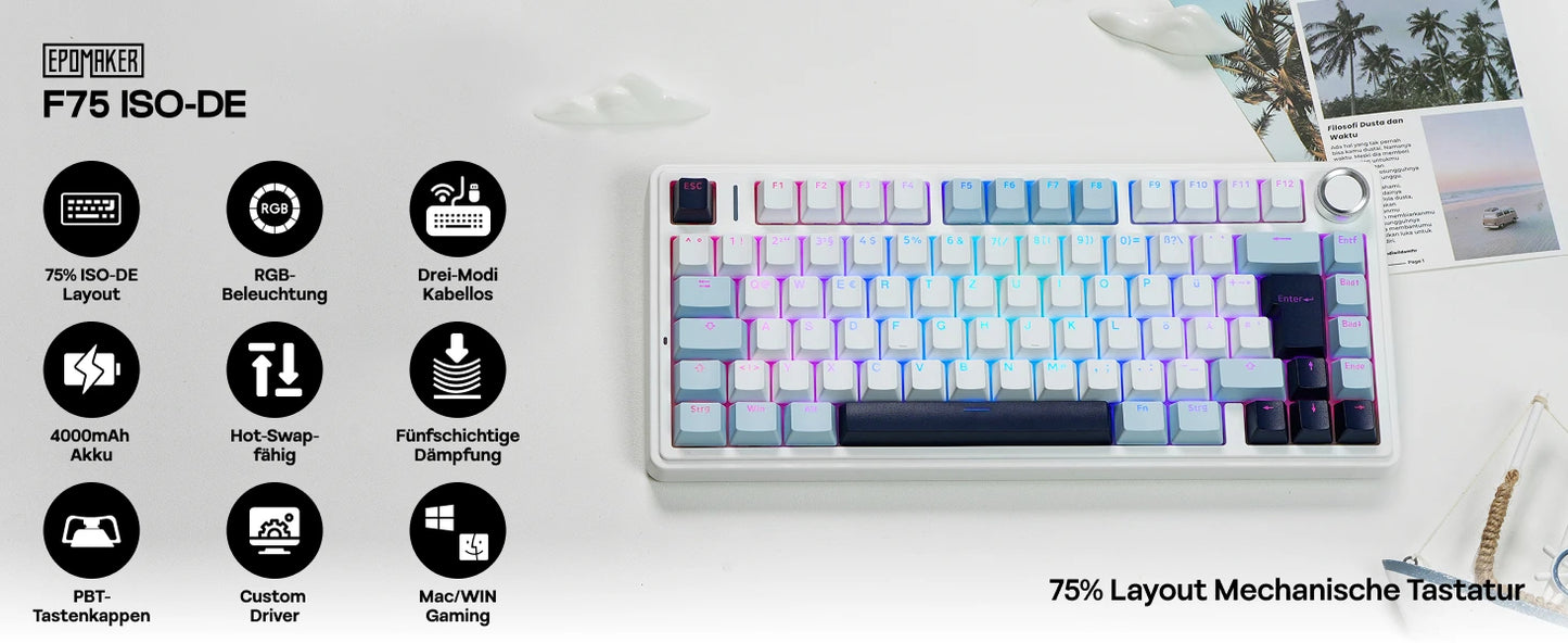 Teclado mecânico sem fios EPOMAKER x AULA F75 ISO-DE com conectividade tri-modo, layout alemão QWERTZ e bateria de 4000 mAh