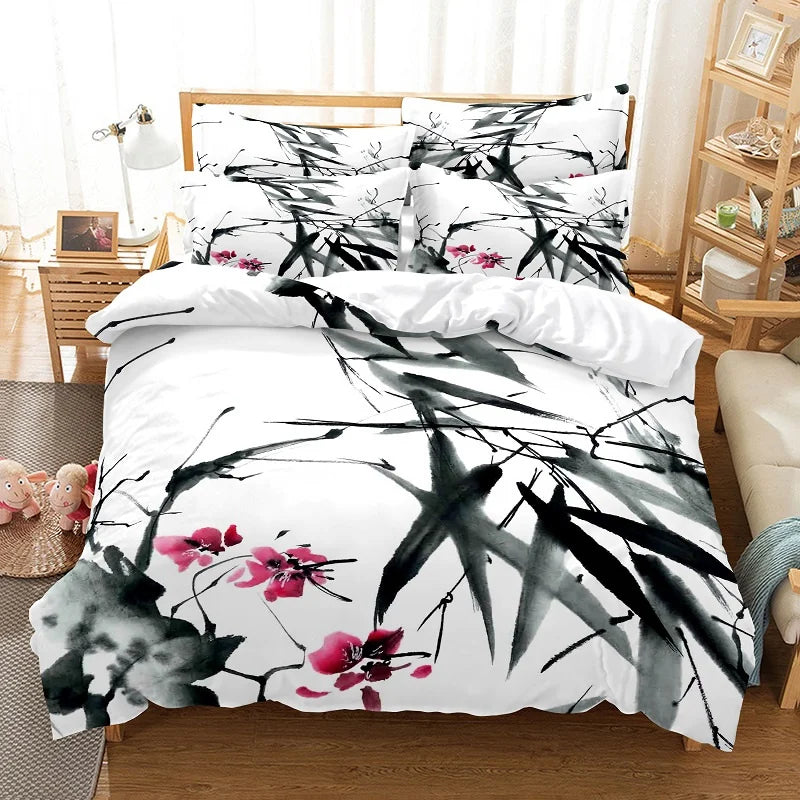 Conjunto de capa de edredão com pintura de bambu, conjunto de roupa de cama em estilo chinês, linho juvenil, tamanho Queen, conjunto de capa de edredão, conjunto de roupa de cama moderno