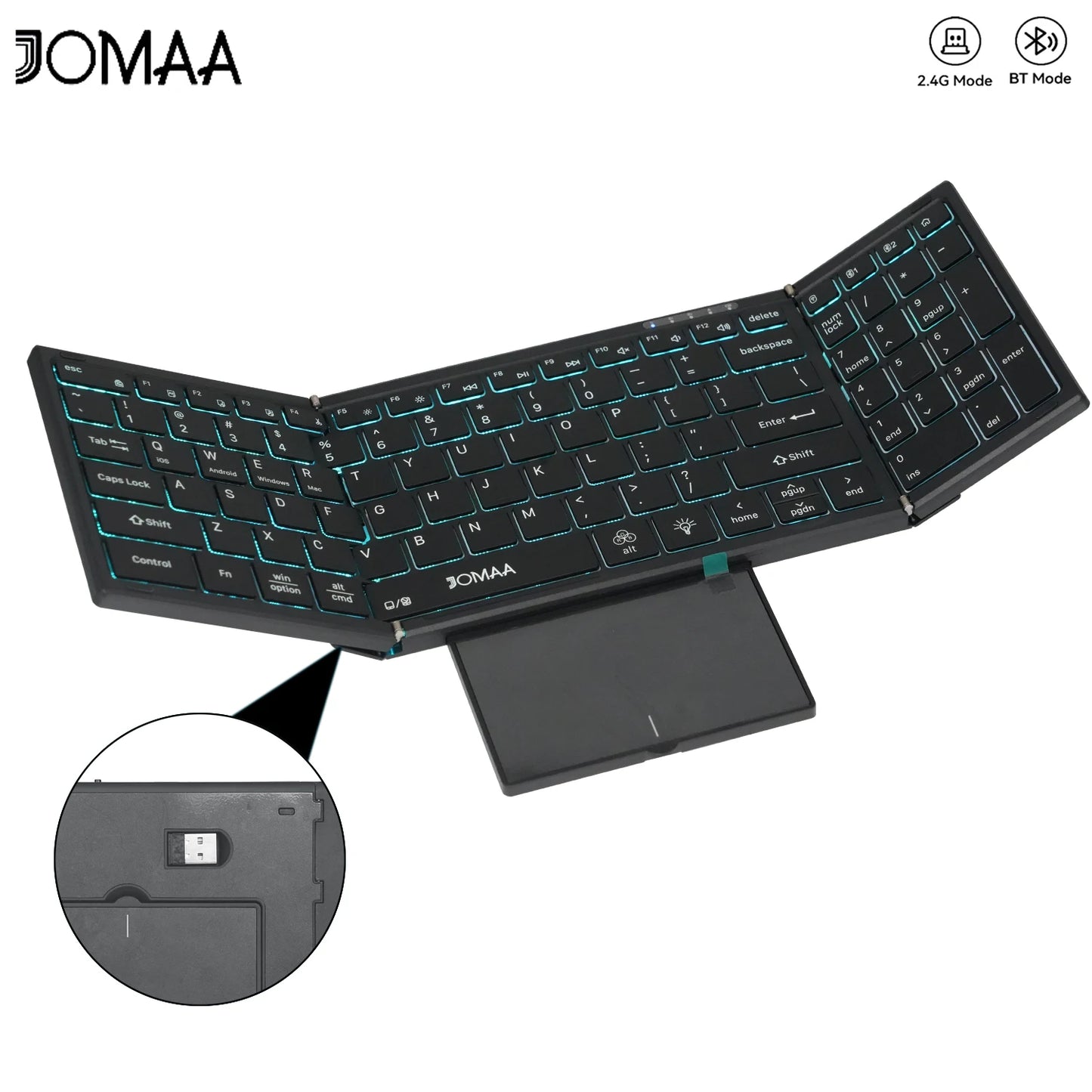 Portable Bluetooth Dual Mode Wireless Touchpad Keyboard with RGB Backlit, 98 Keys Foldable Office Keyboard for PC/Laptop/Mac-Black