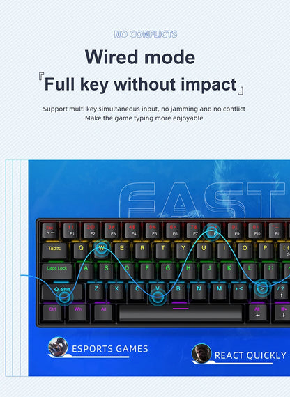 Teclado mecânico mini APAYADO K61, com fio, 61 teclas, Phantom RGB, interruptor mecânico vermelho/azul preto/branco para gaming, 60% portátil