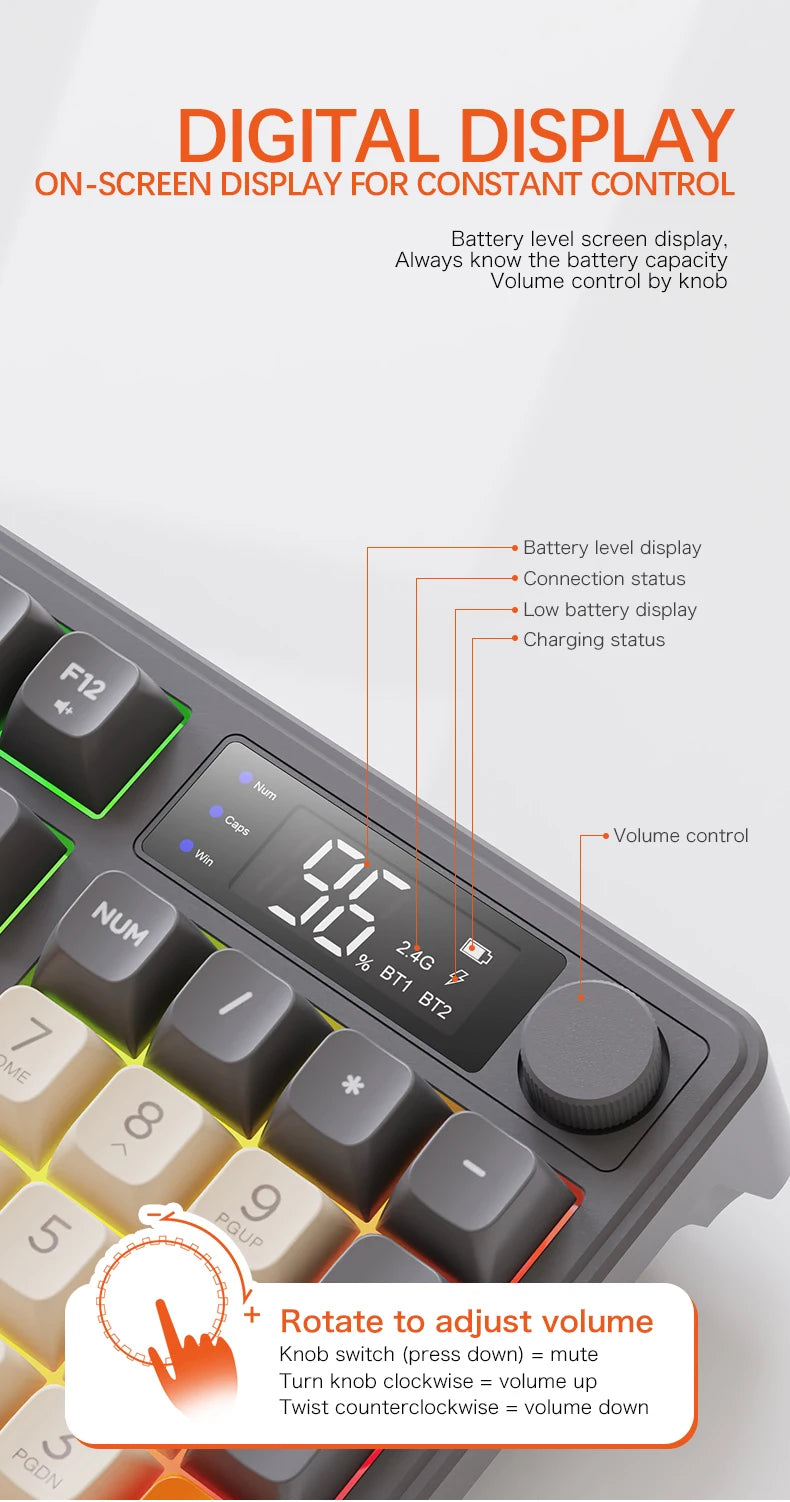 M96 Bluetooth Keyboard Wireless FREEWOLF Screen Gaming Keyboard, Electronic Screen, Multi-Device Connection, Ergonomics Gaming