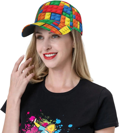 Playful Building Block Print Baseball Cap Women Men Adjustable Snapback Hat Glitter Fashionable Baseball Cap