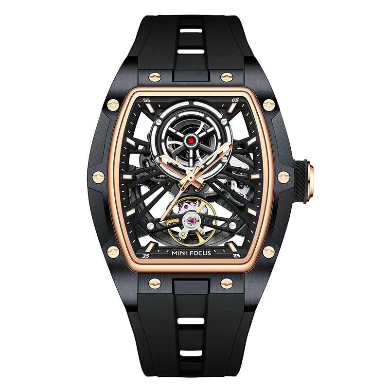 MINI FOCUS Herren-Armbanduhr, modisch, schwarz, wasserdicht, automatische mechanische Uhr mit Leuchtzeigern, Silikonarmband und Tonneau-Zifferblatt