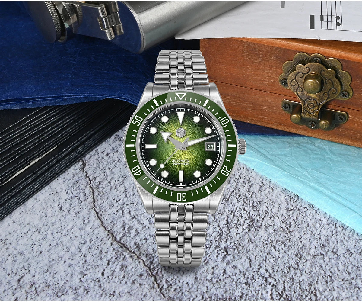 San Martin 40mm Luxus-Taucheruhr für Herren, Miyota 9015, Sunburst-Emaille-Zifferblatt, automatische mechanische Armbanduhr, wasserdicht bis 200m, SN0148