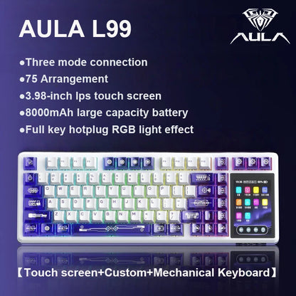 Teclado mecânico AULA L99 com ecrã inteligente, Bluetooth sem fios, tri-modo, teclado gaming noturno para portátil, 8000mAh, switch Raindrop