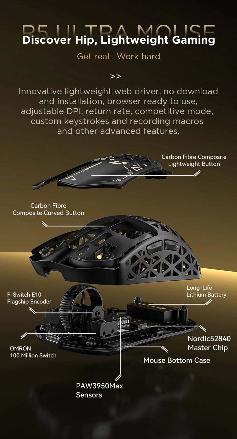 Rato Gaming Sem Fios ATTACK SHARK R5 Ultra Carbon Fiber, Sensor Gaming PixArt PAW3950MAX, 42000DPI, 8000Hz, MCU Nordic 52840