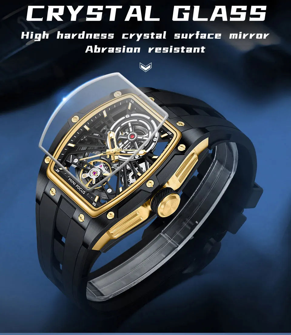 MINI FOCUS Herren-Armbanduhr, modisch, schwarz, wasserdicht, automatische mechanische Uhr mit Leuchtzeigern, Silikonarmband und Tonneau-Zifferblatt