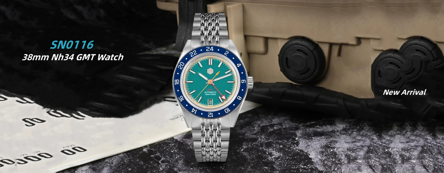 Orologio da uomo automatico San Martin 39.5mm Limited Edition con quadrante Full Lume, NH34 GMT, data a ore 6, 10Bar, Kol Saati di lusso SN0116W