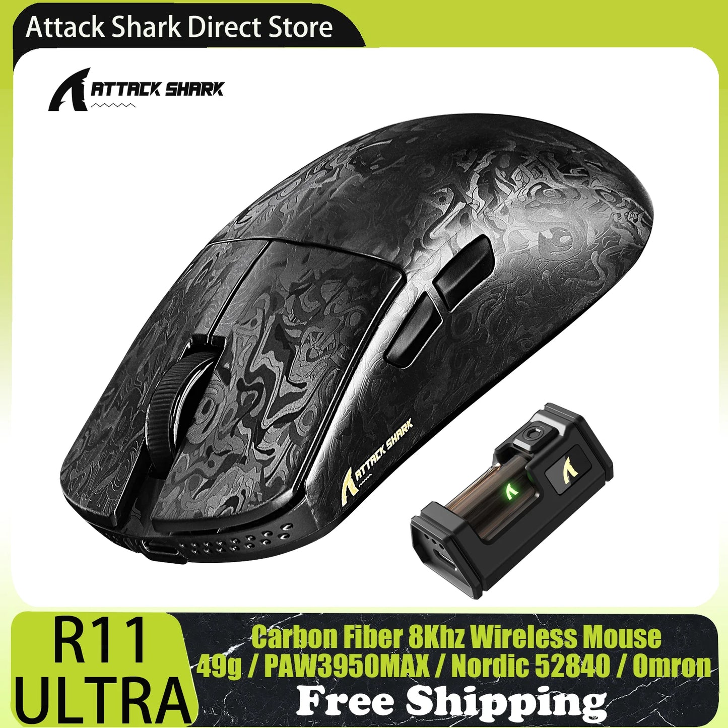 ATTACK SHARK R11 ULTRA hiilikuituinen langaton pelihiiri, 8000Hz, PAW3950MAX, 42000DPI, kevyt 49g, 20000FPS, Nordic 52840