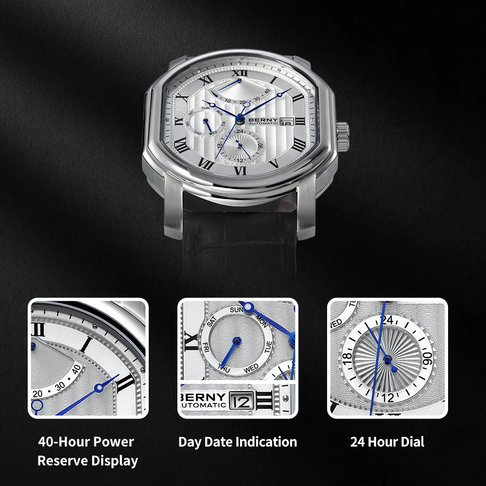 BERNY Men's Mechanical Watch, Top Accuracy, Automatic Wristwatch, Luxury Male Clock, Sapphire, Self-Winding, Waterproof