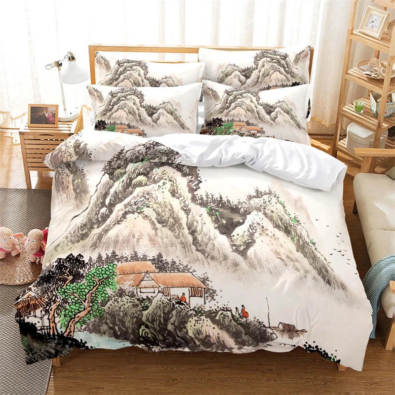 Conjunto de capa de edredão com pintura de bambu, conjunto de roupa de cama em estilo chinês, linho juvenil, tamanho Queen, conjunto de capa de edredão, conjunto de roupa de cama moderno