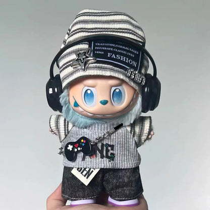 For Labubu 15-17cm Cloth Korean Grey Star Hat Suit Pull Bubu Baby Clothes 123rd Generation High-energy Hope Vinyl Doll Clothes