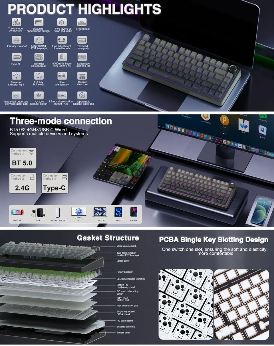 Teclado mecânico gaming AULA F75 RGB personalizado, layout 75%, gravação lateral, montagem gasket, 80 teclas, keycaps PBT em gradiente