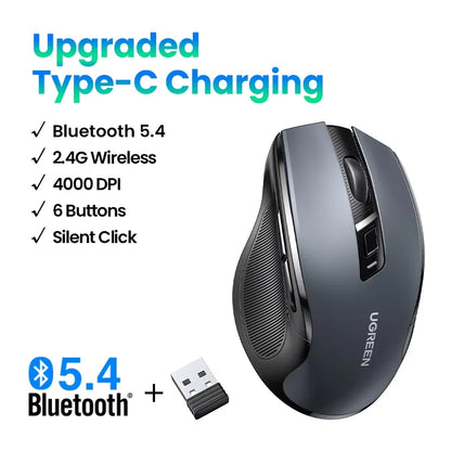 UGREEN kabellose Maus Bluetooth 5.0, ergonomische Maus 4000DPI mit 6 leisen Tasten, für MacBook, Tablet, Laptops, Computer, PC, 2.4G-Maus