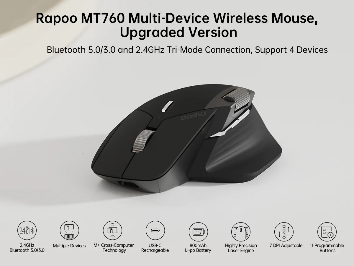 Rapoo MT760/MT760Mini Multi-mode Rechargeable Wireless Bluetooth Mouse Ergonomic 4000 DPI Supports Up to 4 Devices Office Mice