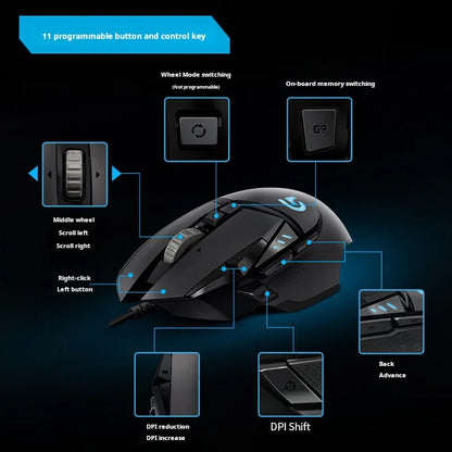 Logitech G502 HERO kablet gamingmus til e-sport, PUBG, mekanisk mus med RGB-lys, justerbar vægt og programmerbare makroer