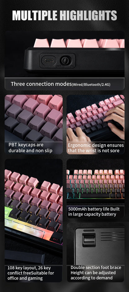 V108 Pro Bluetooth Keyboard Office Low Noise 2.4G Wired & Wireless Full Layout with RGB Backlit Membrane