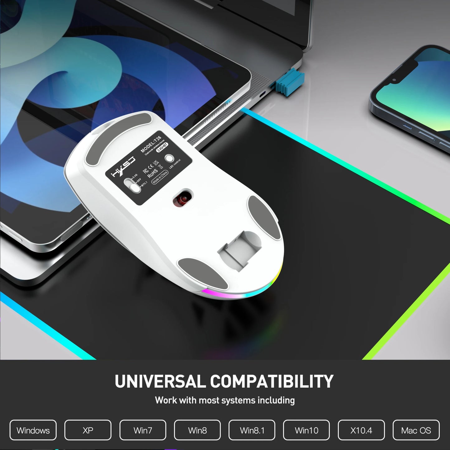 HXSJ T26 kétmódú gaming egér, 2.4G+BT5.1 vezeték nélküli gamer egér laptophoz, 4800DPI állítható, ergonomikus optikai számítógépes gamer egér