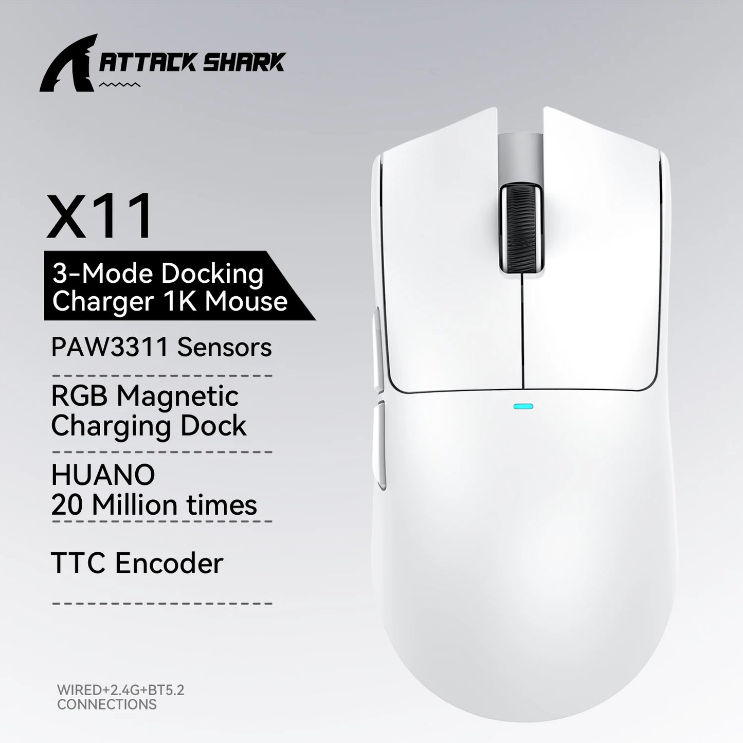 Mouse da gaming ATTACK SHARK X11 e mouse wireless X11 SE 22000 DPI, sensore PAW3311, BT/2.4G/cablato, ultraleggero 59g, 2000W clic