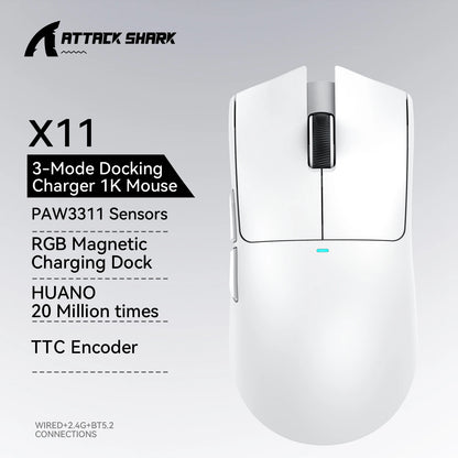 Mouse da gaming ATTACK SHARK X11 e mouse wireless X11 SE 22000 DPI, sensore PAW3311, BT/2.4G/cablato, ultraleggero 59g, 2000W clic