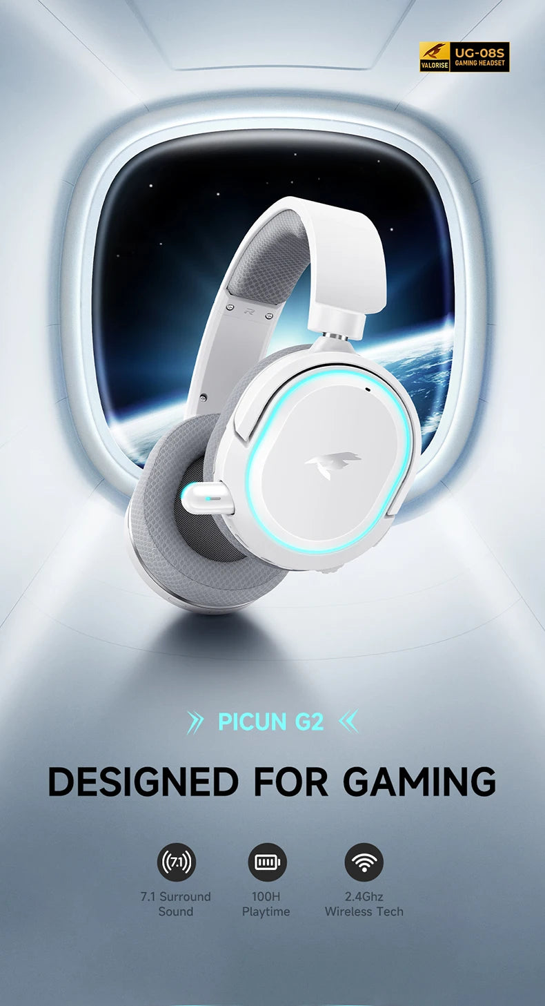 Picun G2 Kabelloses Gaming-Headset Bluetooth 5.3 – 7.1-Surround-Sound, Gaming-Kopfhörer mit 5ms niedriger Latenz und ENC-Mikrofon für PC, PS5, PS4, Switch & Mobilgeräte