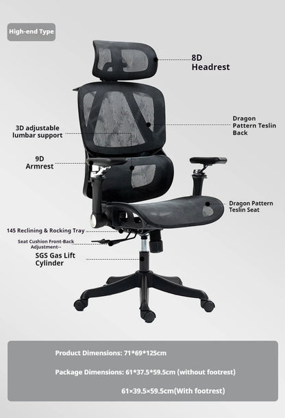 Ergonomic Gaming Chair 8D Headrest 3D Lumbar Support 9D Armrest 145° Recline for Office Computer Chair with Breathable Mesh