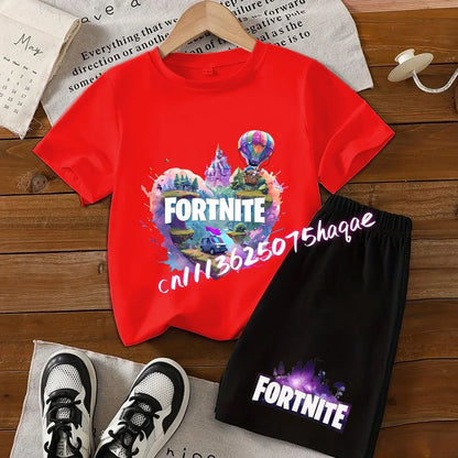 Angesagtes Fortnite-Kinder-Set mit T-Shirt und Shorts, Cartoon-Figur-Print, Sommer-Freizeit-Sportbekleidung für Jungen