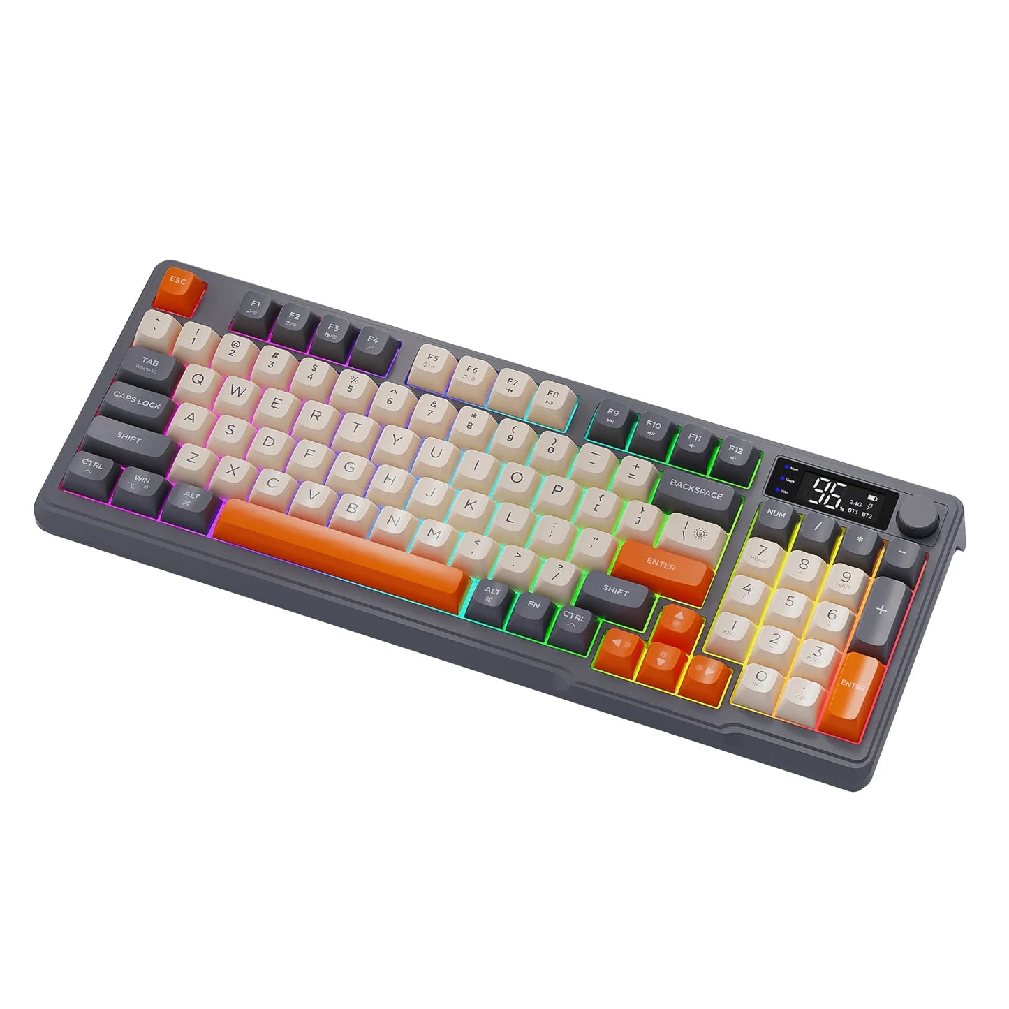 Teclado Sem Fios Bluetooth M96 FREEWOLF com Ecrã Digital, Retroiluminação RGB, Bateria de 2000mAh e Teclas PBT para PC/Portátil